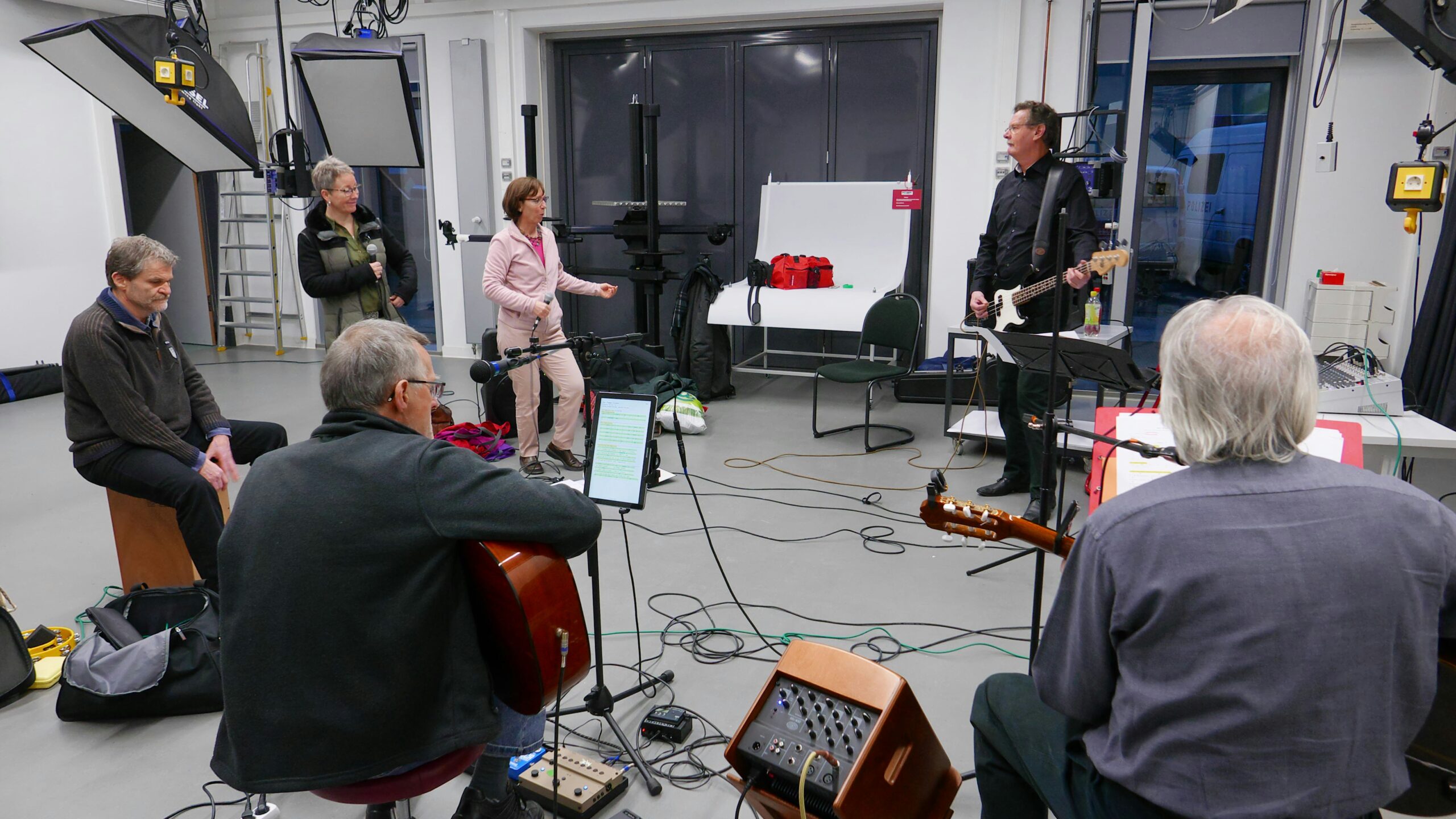 Adults jamming in a music session